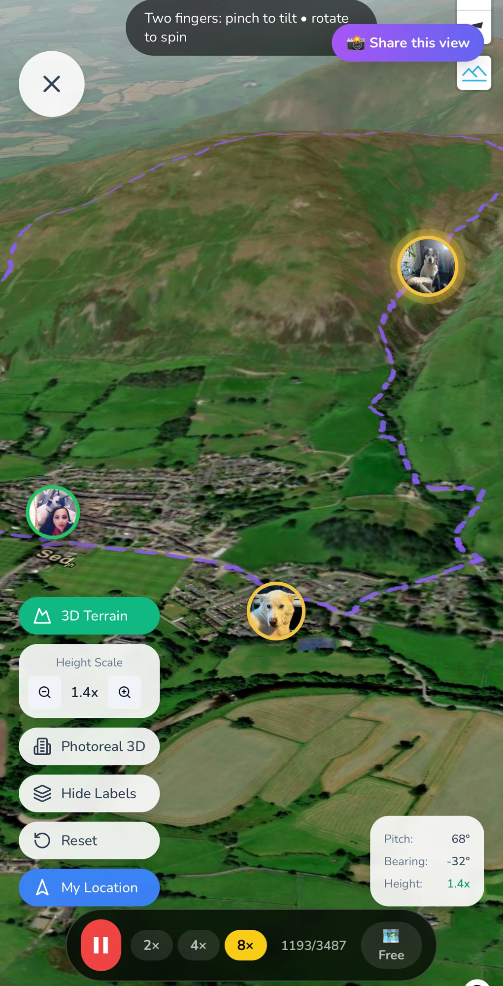 Photoreal 3D map with dog avatars along walk trail