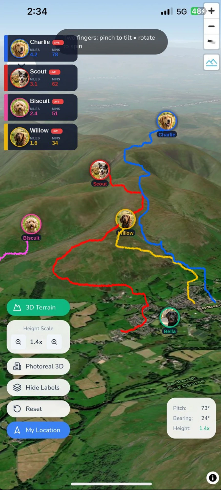 Live walk in Sedbergh — 4 friends' dogs tracking in real-time on Photoreal 3D map with coloured GPS trails