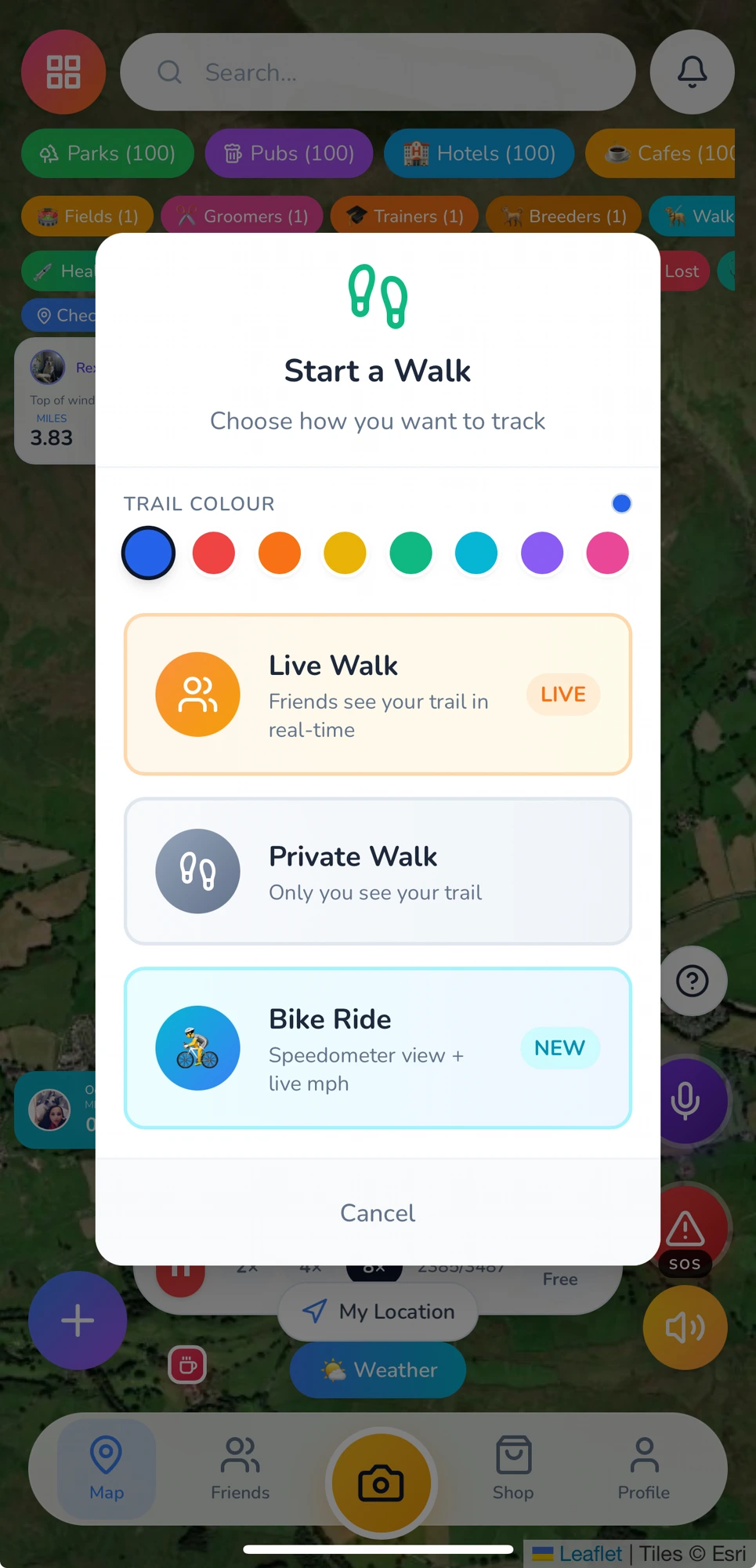 Start a Walk — pick trail colour, Live / Private / Bike Ride